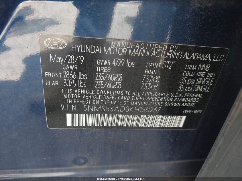 HYUNDAI SANTA FE 2019 VIN 5NMS53AD8KH130267