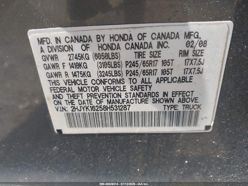2008 Honda Ridgeline Rt VIN: 2HJYK16258H531287 Lot: 45626314