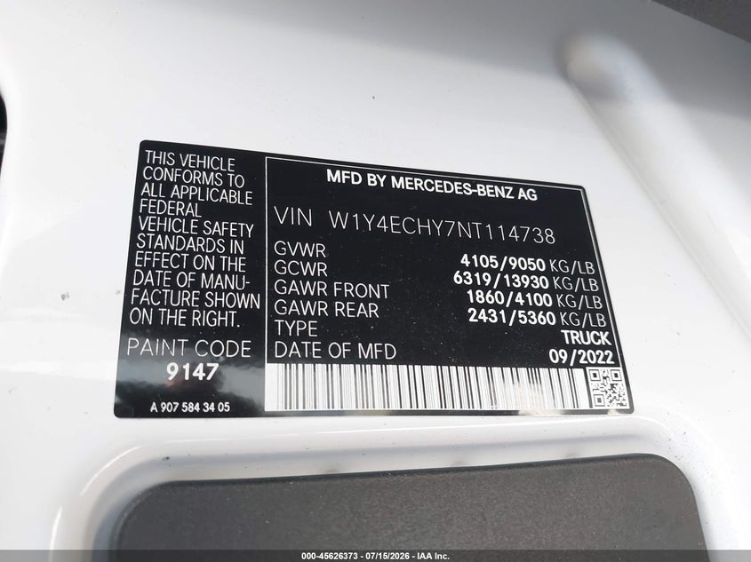 2022 Mercedes-Benz Sprinter 2500 High Roof V6 VIN: W1Y4ECHY7NT114738 Lot: 45626373