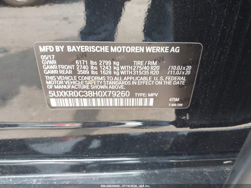 2017 BMW X5 xDrive35I VIN: 5UXKR0C38H0X79260 Lot: 45626400