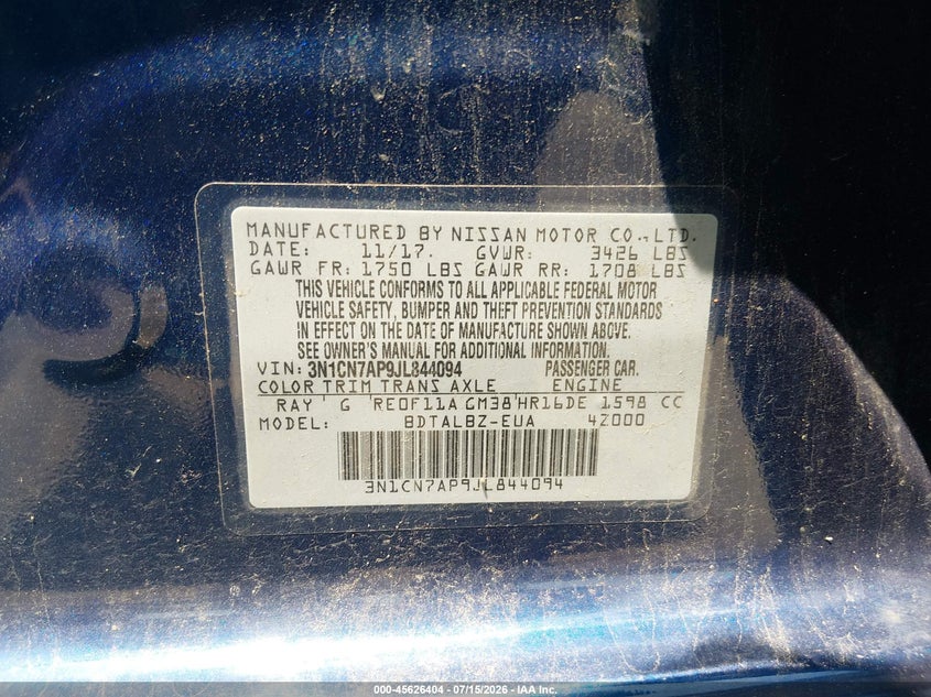 Vin: 3n1cn7ap9jl844094, lot: 46124870, nissan versa 1.6 sv 20184