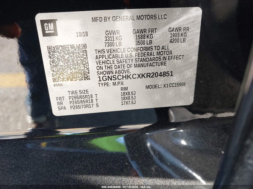 2019 Chevrolet Suburban Lt VIN: 1GNSCHKCXKR204851 Lot: 45626409