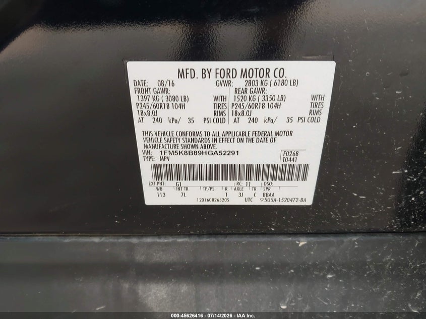 2017 Ford Explorer VIN: 1FM5K8B89HGA52291 Lot: 45626416