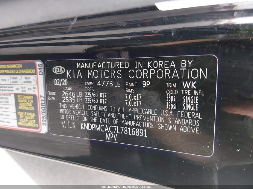2020 Kia Sportage Lx VIN: KNDPMCAC7L7816891 Lot: 45626417