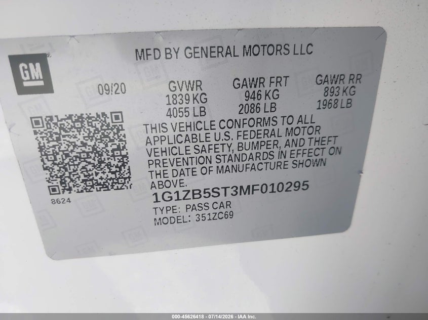2021 Chevrolet Malibu Fwd Ls VIN: 1G1ZB5ST3MF010295 Lot: 45626418