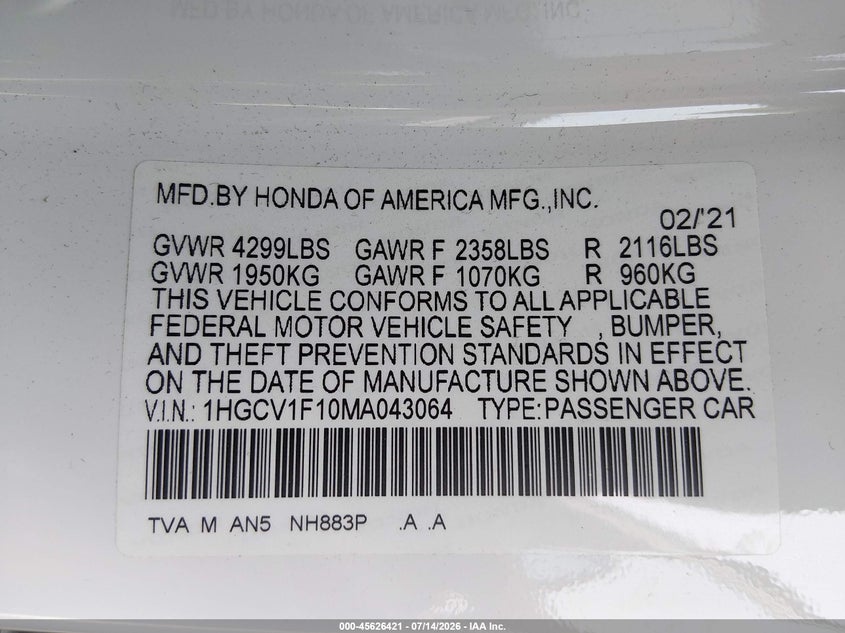 2021 Honda Accord Lx VIN: 1HGCV1F10MA043064 Lot: 45626421