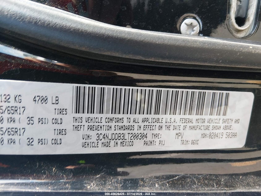 2020 Jeep Compass Trailhawk 4X4 VIN: 3C4NJDDB3LT200304 Lot: 45626425