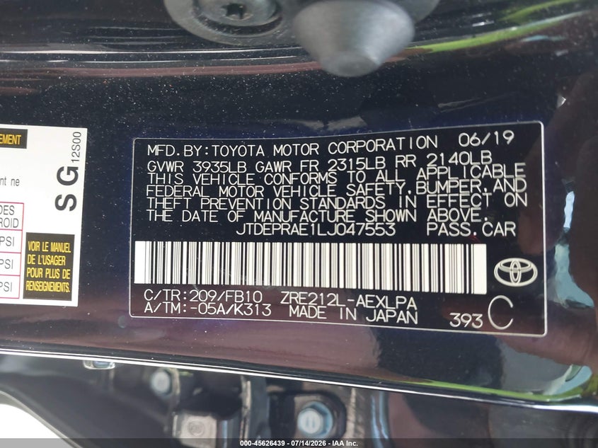 2020 Toyota Corolla Le VIN: JTDEPRAE1LJ047553 Lot: 45626439