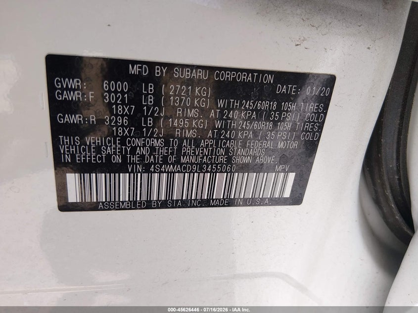 2020 Subaru Ascent Premium VIN: 4S4WMACD9L3455060 Lot: 45626446