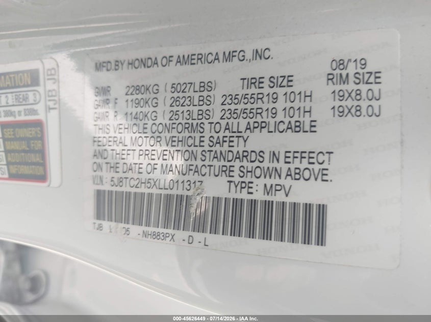 2020 Acura Rdx Technology Package VIN: 5J8TC2H5XLL011317 Lot: 45626449