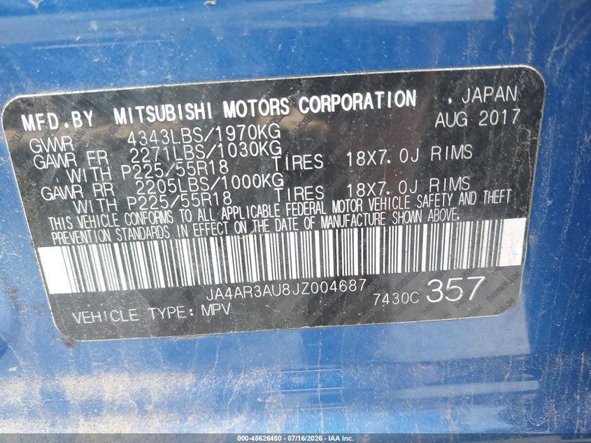 2018 Mitsubishi Outlander Sport 2.0 Es VIN: JA4AR3AU8JZ004687 Lot: 45626450