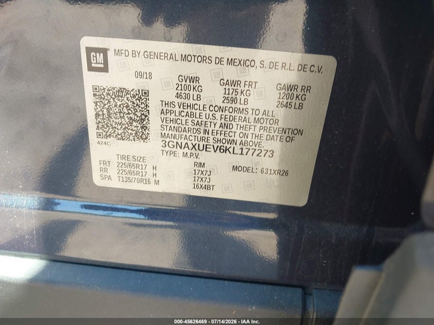 2019 Chevrolet Equinox Lt VIN: 3GNAXUEV6KL177273 Lot: 45626469