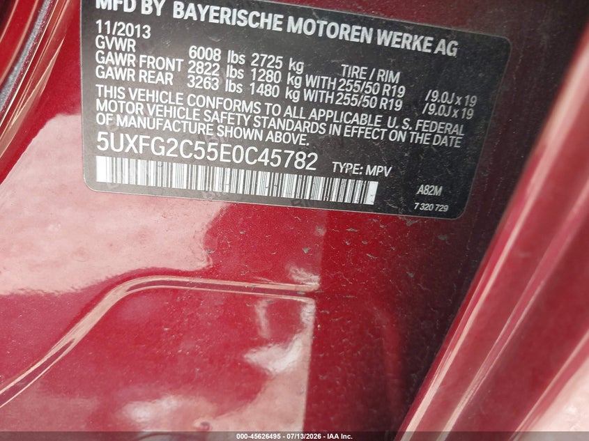 2014 BMW X6 xDrive35I VIN: 5UXFG2C55E0C45782 Lot: 45626495