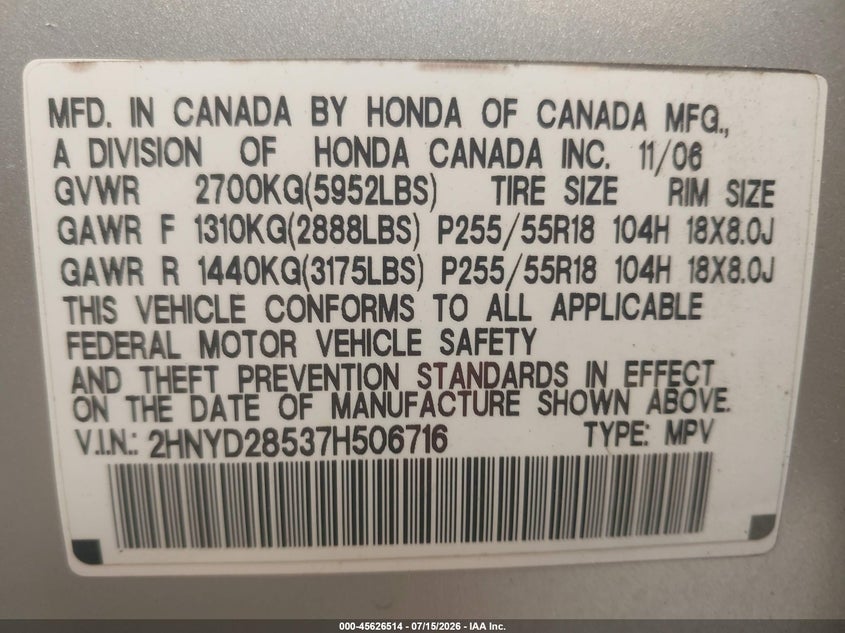 2007 Acura Mdx Sport Package VIN: 2HNYD28537H506716 Lot: 45626514