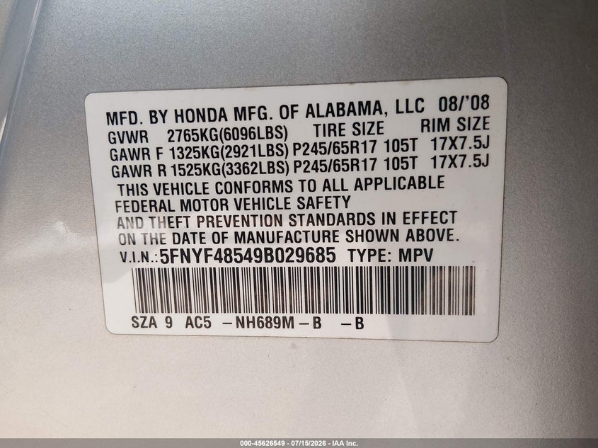 2009 Honda Pilot Ex-L VIN: 5FNYF48549B029685 Lot: 45626549