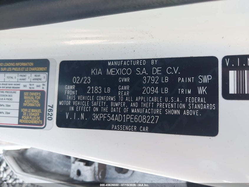 2023 Kia Forte Gt-Line VIN: 3KPF54AD1PE608227 Lot: 45626550
