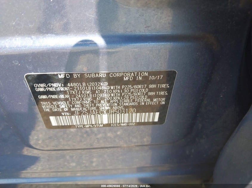2018 Subaru Forester 2.5I Premium VIN: JF2SJAECXJH503120 Lot: 45626566