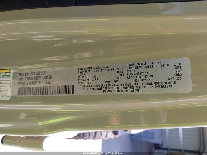 2022 Jeep Gladiator Willys 4X4 VIN: 1C6HJTAG5NL173166 Lot: 45626589