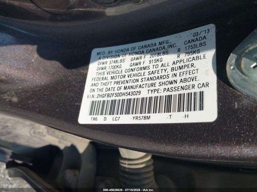 2013 Honda Civic Lx VIN: 2HGFB2F50DH543029 Lot: 45626626