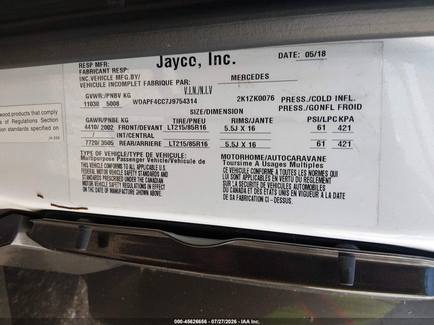 2018 MERCEDES SPRINTER 3500 auction photo 8