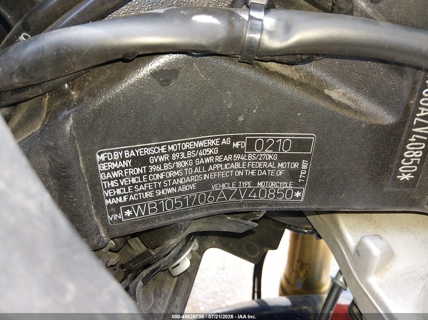 2010 BMW S 1000 Rr VIN: WB1051706AZV40850 Lot: 45626736
