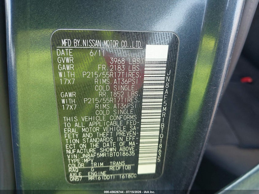 2011 Nissan Juke Sv VIN: JN8AF5MR1BT018635 Lot: 45626744