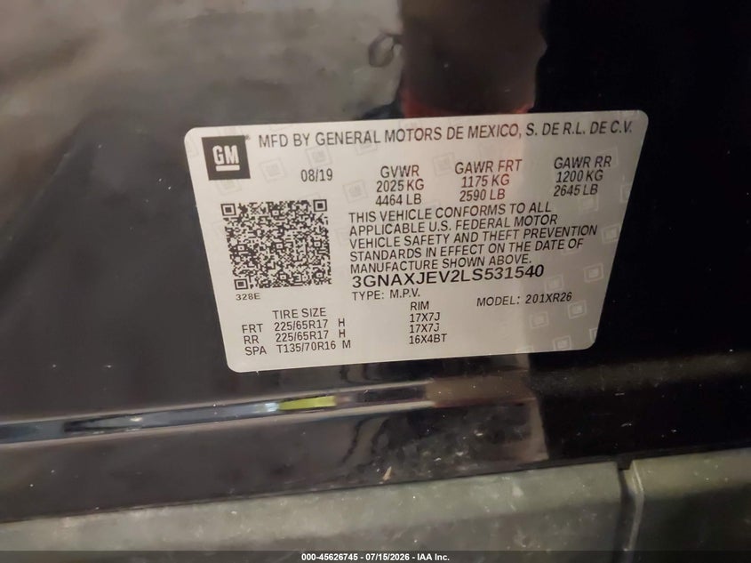 2020 Chevrolet Equinox Fwd 2Fl VIN: 3GNAXJEV2LS531540 Lot: 45626745