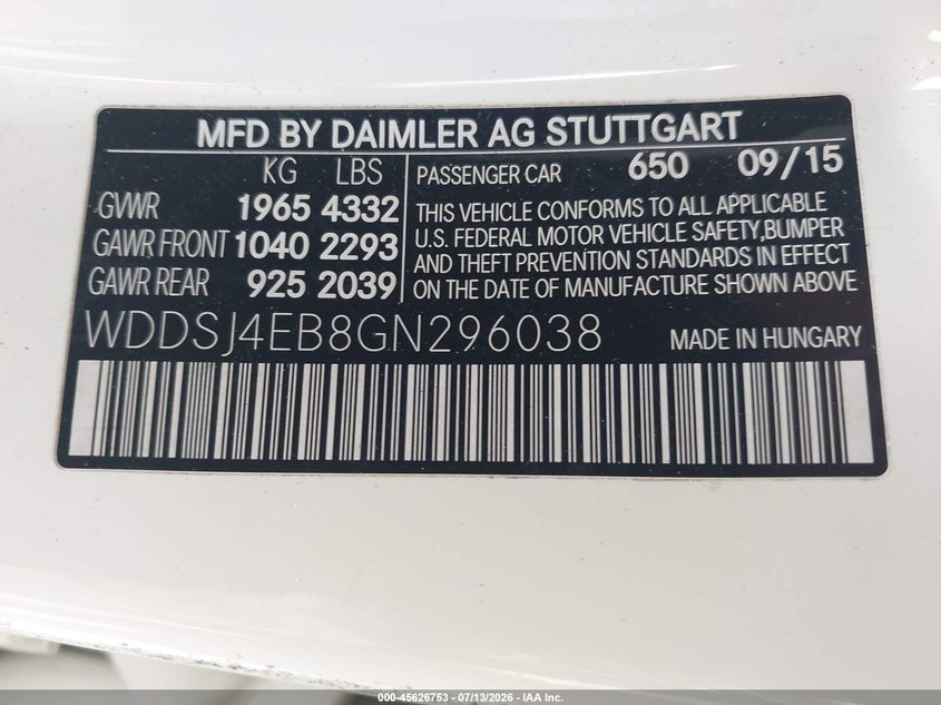 2016 Mercedes-Benz Cla 250 VIN: WDDSJ4EB8GN296038 Lot: 45626753
