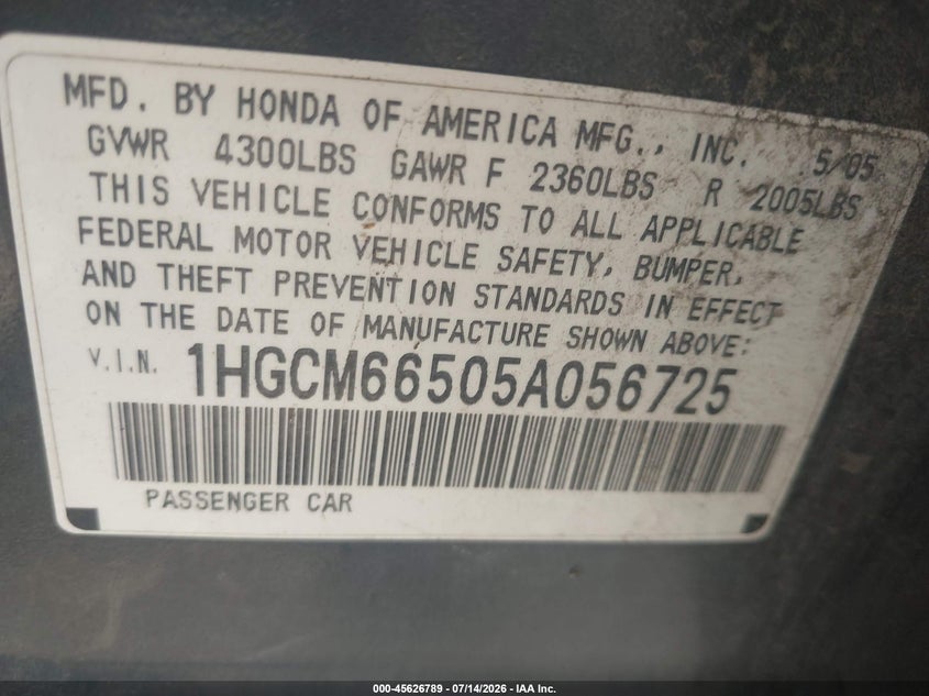 2005 Honda Accord 3.0 Ex VIN: 1HGCM66505A056725 Lot: 45626789
