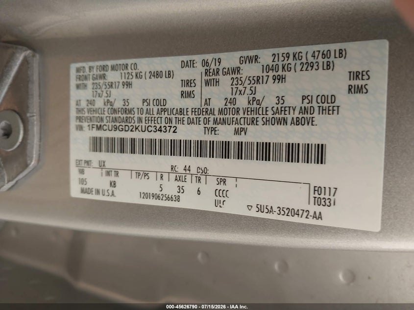 2019 Ford Escape Se VIN: 1FMCU9GD2KUC34372 Lot: 45626790