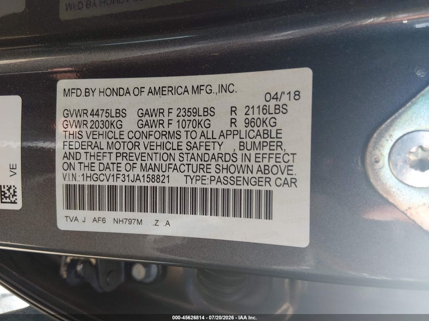 2018 Honda Accord Sport VIN: 1HGCV1F31JA158821 Lot: 45626814
