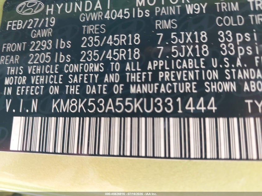2019 Hyundai Kona Ultimate VIN: KM8K53A55KU331444 Lot: 45626916