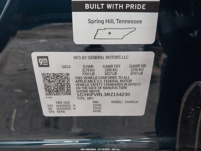 2024 Cadillac Lyriq Sport W/1Sj VIN: 1GYKPVRL3RZ134230 Lot: 45626946