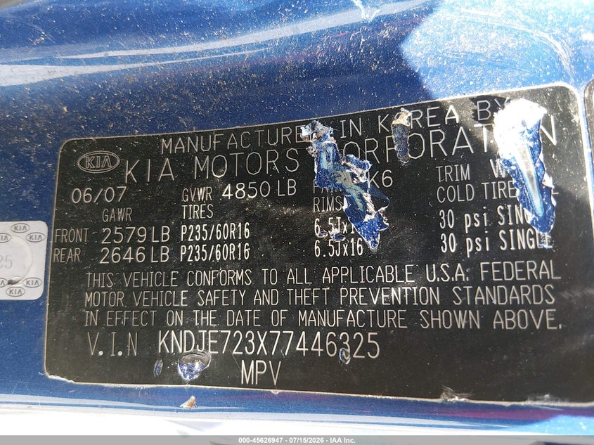 2007 Kia Sportage Lx V6 VIN: KNDJE723X77446325 Lot: 45626947