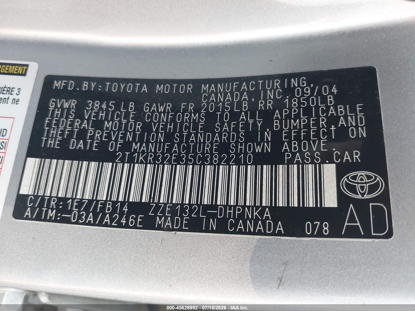 2005 Toyota Matrix Xr VIN: 2T1KR32E35C382210 Lot: 45626992