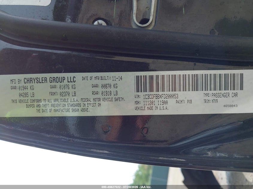 2015 Dodge Dart Sxt VIN: 1C3CDFBBXFD200053 Lot: 45627022