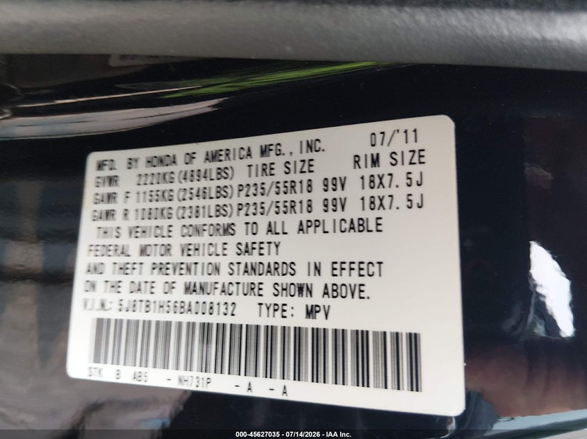 2011 Acura Rdx VIN: 5J8TB1H56BA008132 Lot: 45627035
