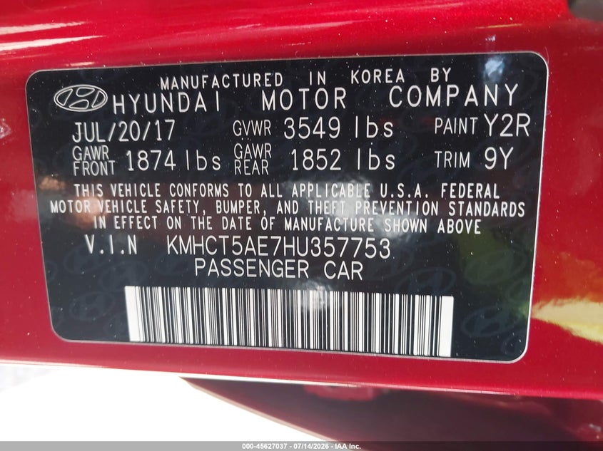 2017 Hyundai Accent Se VIN: KMHCT5AE7HU357753 Lot: 45627037