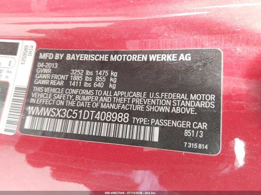 2013 Mini Coupe Cooper S VIN: WMWSX3C51DT408988 Lot: 45627049
