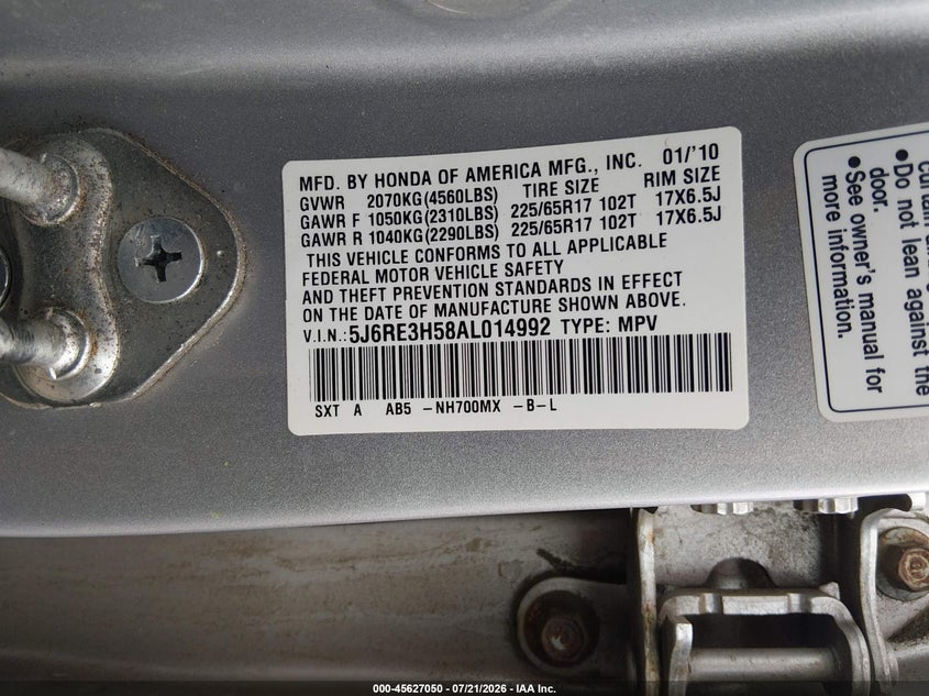2010 Honda Cr-V Ex VIN: 5J6RE3H58AL014992 Lot: 45627050