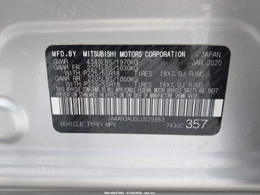 2020 Mitsubishi Outlander Sport 2.0 Be Awc/2.0 Es Awc/2.0 Se Awc/2.0 Sp Awc VIN: JA4AR3AU0LU025663 Lot: 45627062
