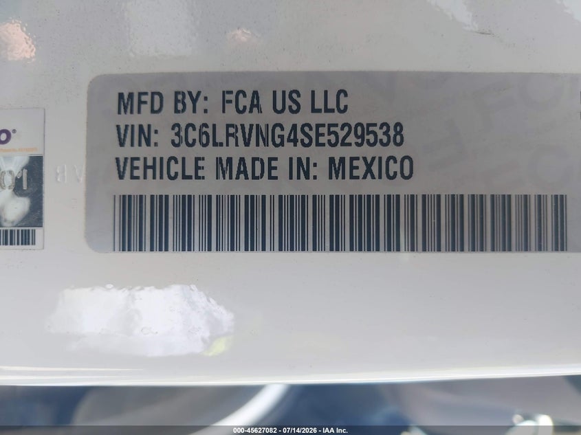 2025 Ram Promaster 1500 Tradesman Low Roof 118 Wb W/Pass Seat VIN: 3C6LRVNG4SE529538 Lot: 45627082