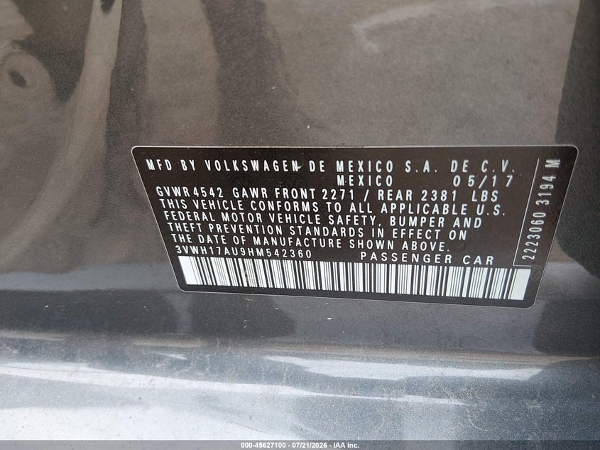 2017 Volkswagen Golf Alltrack Tsi S/Tsi Se/Tsi Sel VIN: 3VWH17AU9HM542360 Lot: 45627100