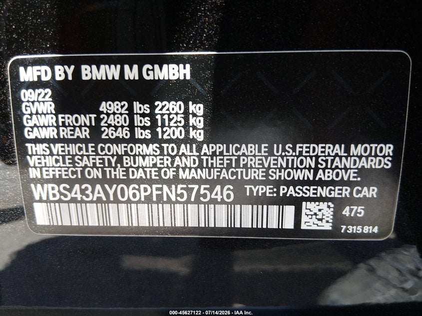 2023 BMW M3 Competition xDrive VIN: WBS43AY06PFN57546 Lot: 45627122