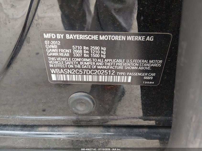 2013 BMW 535I Gran Turismo VIN: WBASN2C57DC202512 Lot: 45627142