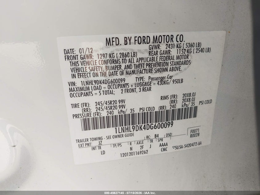 2013 Lincoln Mks VIN: 1LNHL9DK4DG600099 Lot: 45627145