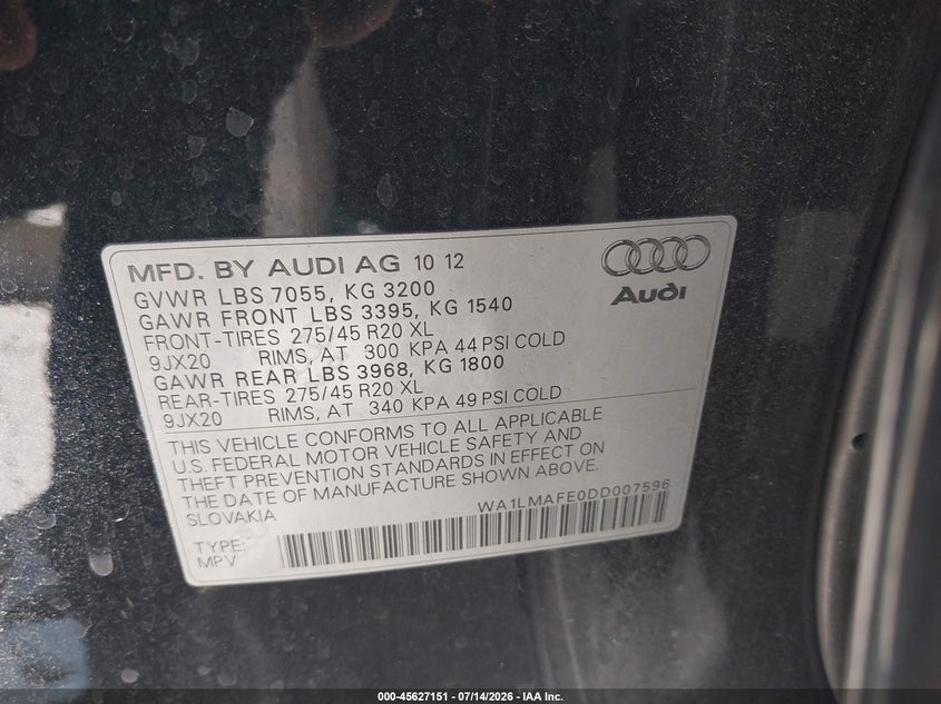2013 Audi Q7 3.0 Tdi Premium VIN: WA1LMAFE0DD007596 Lot: 45627151