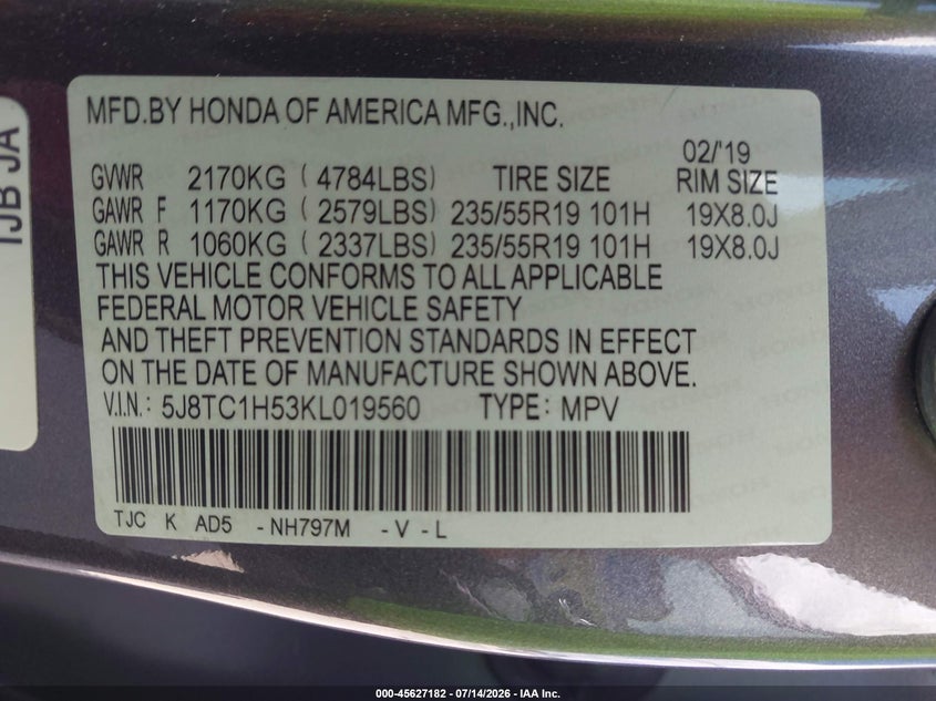 2019 Acura Rdx Technology Package VIN: 5J8TC1H53KL019560 Lot: 45627182