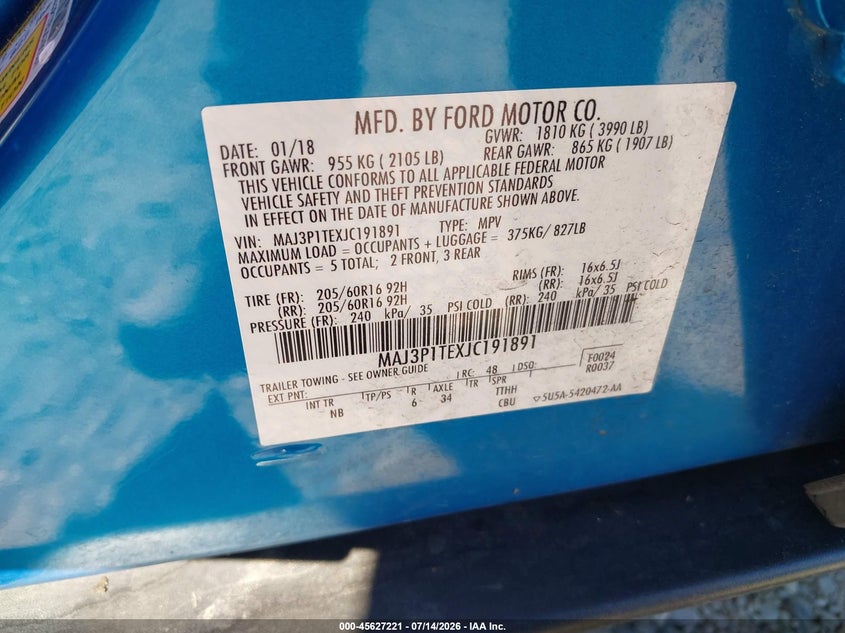 2018 Ford Ecosport Se VIN: MAJ3P1TEXJC191891 Lot: 45627221