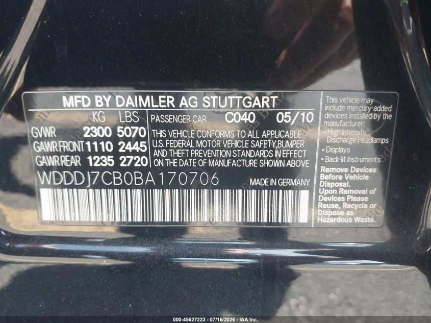 2011 Mercedes-Benz Cls 550 VIN: WDDDJ7CB0BA170706 Lot: 45627223